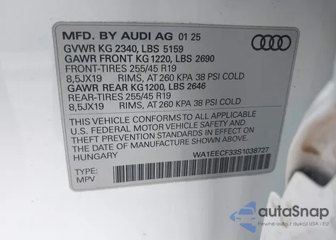 2025 Audi Q3 Premium 45 Tfsi S Line Quattro Tiptronic from USA, damaged, VIN WA1EECF33S1038727